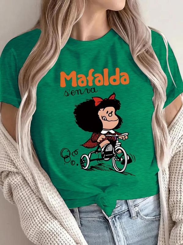 Women'WB shield Mafalda Print Round Neck Tee, Fashion Casual Crew Neck T-Shirt for Daily Holiday Vacation Outdoor Wear,...