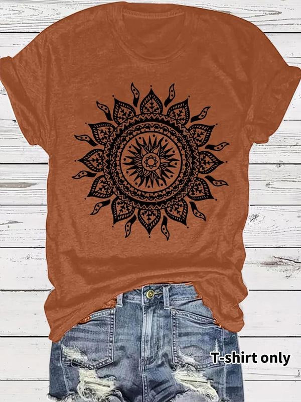 Women'WB shield Mandala Print Round Neck Tee, Vintage Trendy Casual Short Sleeve T-shirt for Daily Wear, Ladies Summer,...