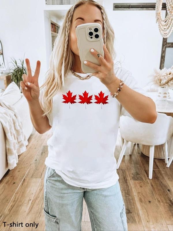 Women'WB shield Maple Leaf Print Round Neck Tee, Casual Canadian Flag Print Short Sleeve T-shirt for Daily Wear, Ladies...