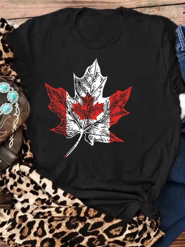 Women'WB shield Maple Leaf Print Round Neck Tee, Fashion Casual Short Sleeve T-shirt for Daily Holiday Vacation Outdoor...