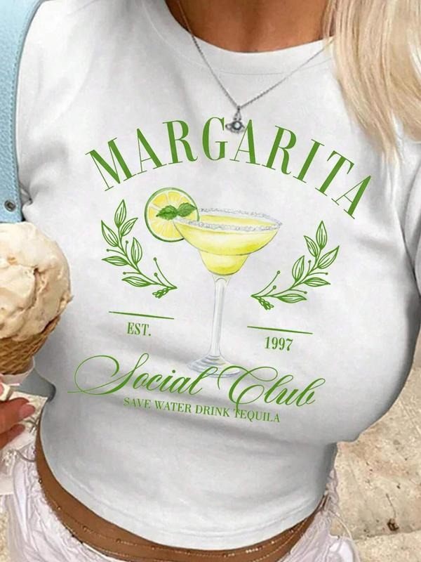 Women'WB shield Margarita & Letter Print Round Neck Tee, Casual Short Sleeve Crew Neck T-Shirt for Summer, Fashion...