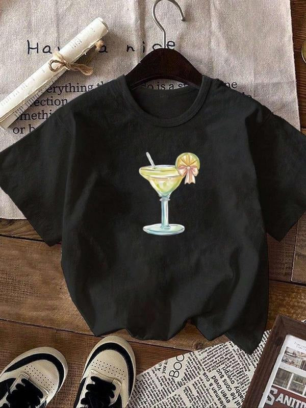 Women'WB shield Margarita Cocktail Print Round Neck Graphic Tee, Vintage Trendy Casual Short Sleeve T-shirt for Daily...