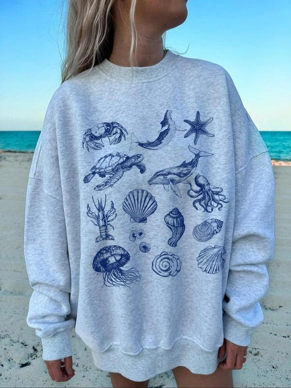 Women'WB shield Marine Life Print Crew Neck Sweatshirt, Casual Long Sleeve Pullover for Fall & Winter, Women'WB shield...