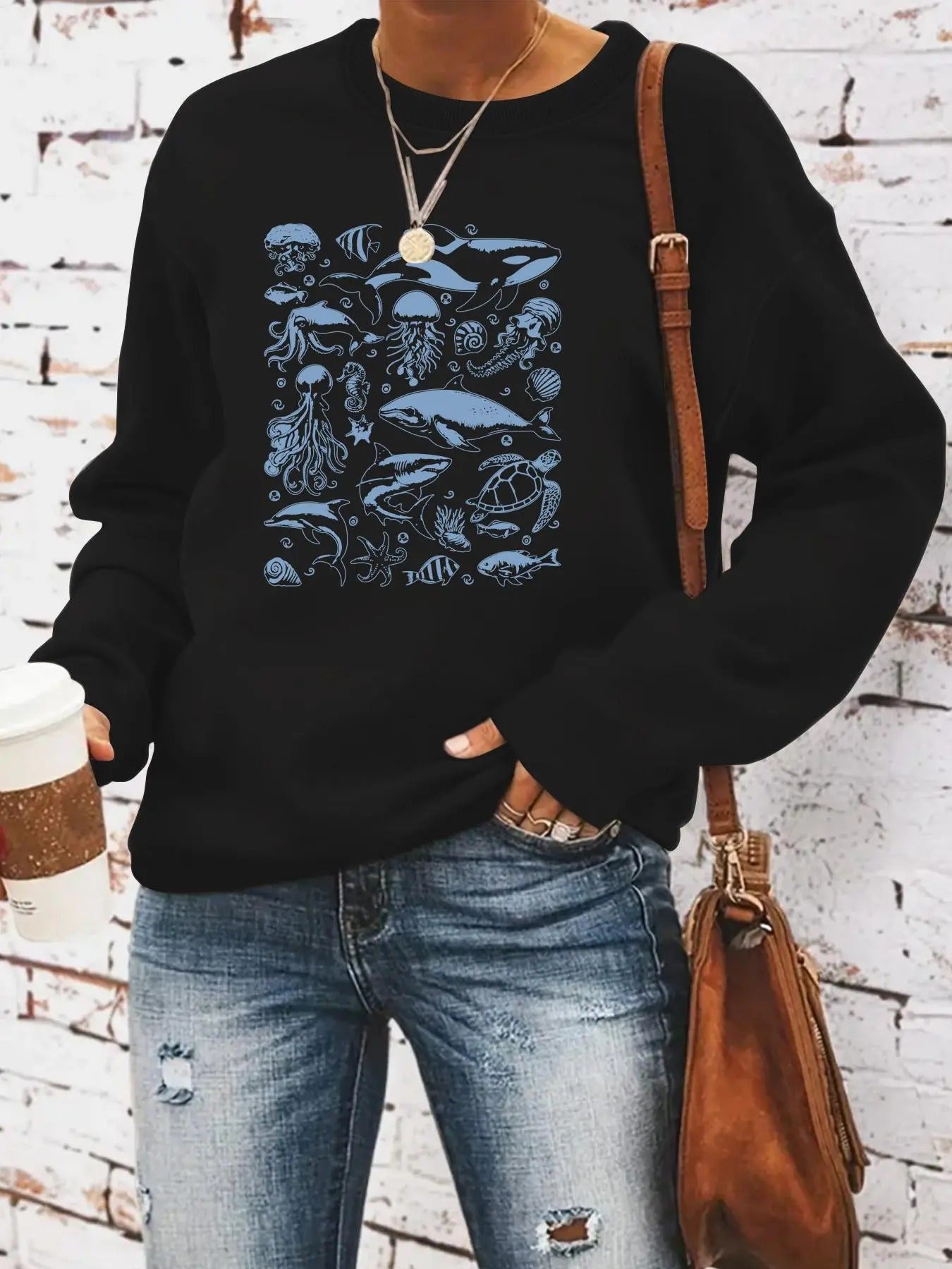 Women'WB shield Marine Life Print Crew Neck Sweatshirt, Casual Long Sleeve Pullover for Spring & Fall, Ladies TNF for...