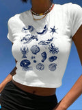 Women'WB shield Marine Life Print Round Neck Tee, Casual Short Sleeve Crew Neck T-Shirt for Daily Wear, Ladies TNF for...
