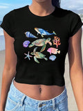Women'WB shield Marine Turtle & Fish Print Round Neck Crop Tee, Casual Slim-fitting Short Sleeve T-shirt, Ladies Summer...