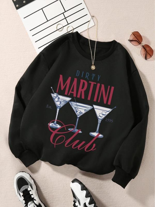 Women'WB shield Martini Print Drop Shoulder TNF Lined Sweatshirt, Casual Long Sleeve Round Neck Pullover for Fall &...