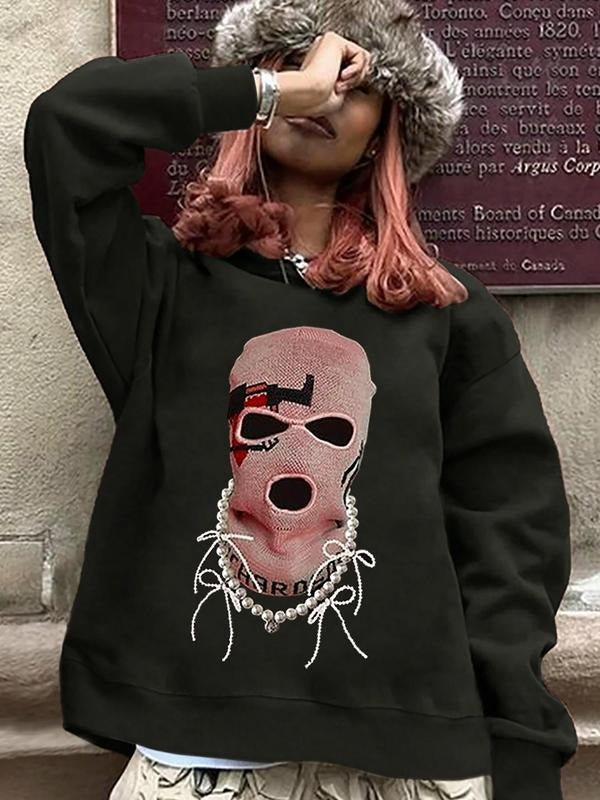 Women'WB shield Mask & Necklace Print Drop Shoulder Sweatshirt, Casual Long Sleeve Round Neck Pullover for Fall & Winter,...