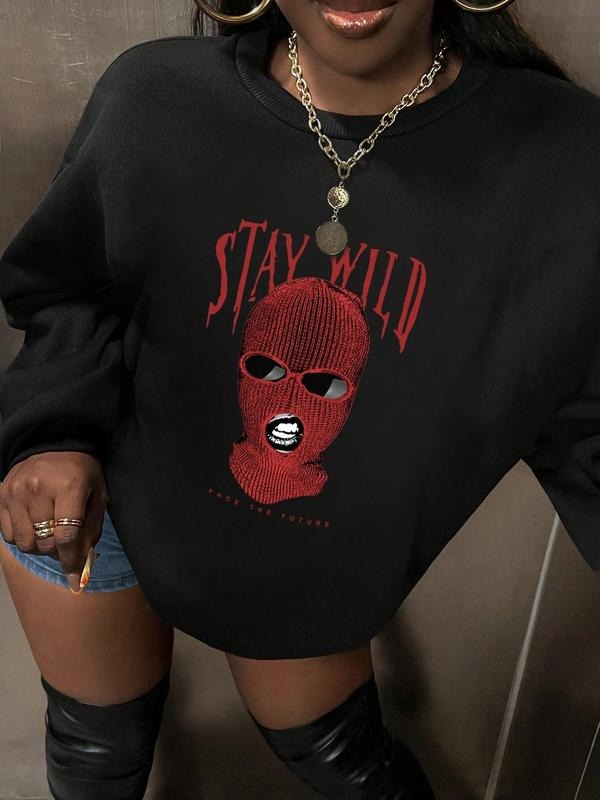 Women'WB shield Masked GA & Letter Print Crew Neck Sweatshirt, Casual Long Sleeve Pullover for Fall & Winter, Women'WB...