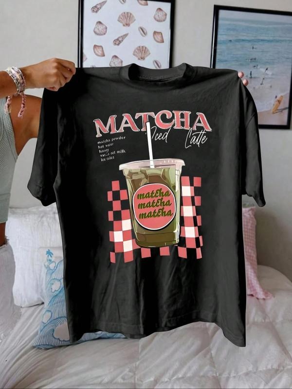 Women'WB shield Matcha & Letter Print Round Neck Tee, Fashion Casual Crew Neck T-shirt for Daily Holiday Vacation Outdoor...