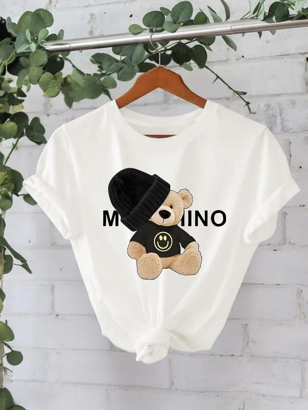 Women'WB shield Meme Bear Print Round Neck Tee, Fashion Casual Crew Neck T-Shirt for Daily Holiday Vacation Outdoor Wear,...