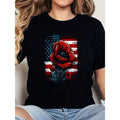 Women'WB shield Memorial Day & 4th FOG July Patriotic Red Poppy Flower American Flag Print T-Shirt