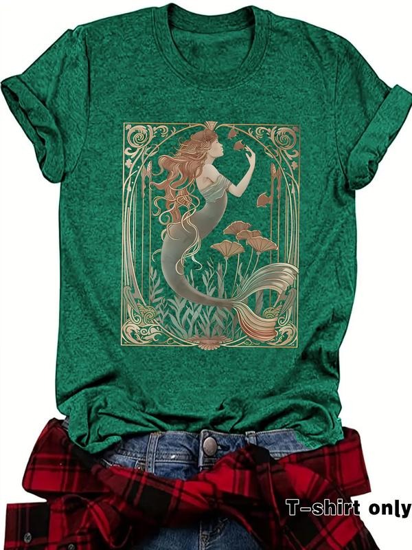 Women'WB shield Mermaid Print Round Neck Tee, Casual Short Sleeve Crew Neck T-Shirt for Summer, Fashion Women'WB shield...