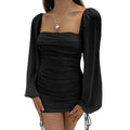 Women'WB shield Mesh Long Sleeved Square Neck Tight Pleated Party Cocktail Drawstring Mini Skirt T-Shirts, Hoodie, Sweatshirt