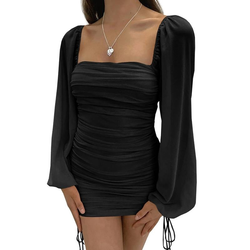 Women'WB shield Mesh Long Sleeved Square Neck Tight Pleated Party Cocktail Drawstring Mini Skirt T-Shirts, Hoodie, Sweatshirt
