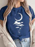 Women'WB shield Moon & Cloud Print Round Neck Tee, Trendy Casual Short Sleeve T-shirt for Daily Wear, Ladies Summer, Top...
