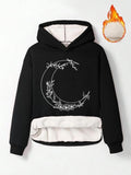 Women'WB shield Moon & Floral Print Drop Shoulder TNF Lined Hoodie, Fashion Casual Long Sleeve Ribbed Hooded Sweatshirt...