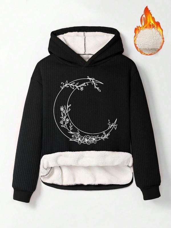 Women'WB shield Moon & Floral Print Drop Shoulder TNF Lined Hoodie, Fashion Casual Long Sleeve Ribbed Hooded Sweatshirt...