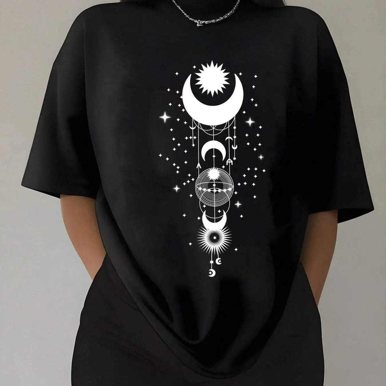 Women'WB shield Moon & Geometric Print Drop Shoulder Tee, Casual Half Sleeve Round Neck T-shirt for Daily Wear, Ladies...