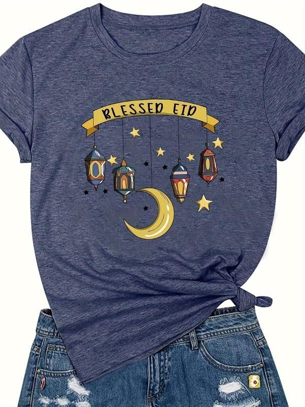 Women'WB shield Moon & Letter Graphic Round Neck Tee, Casual Short Sleeve T-Shirt for Daily Holiday Vacation Outdoor...