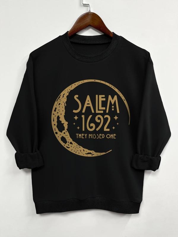 Women'WB shield Moon & Letter Print Crew Neck Sweatshirt, Casual Long Sleeve Pullover, Women'WB shield Fall & Winter TNF...