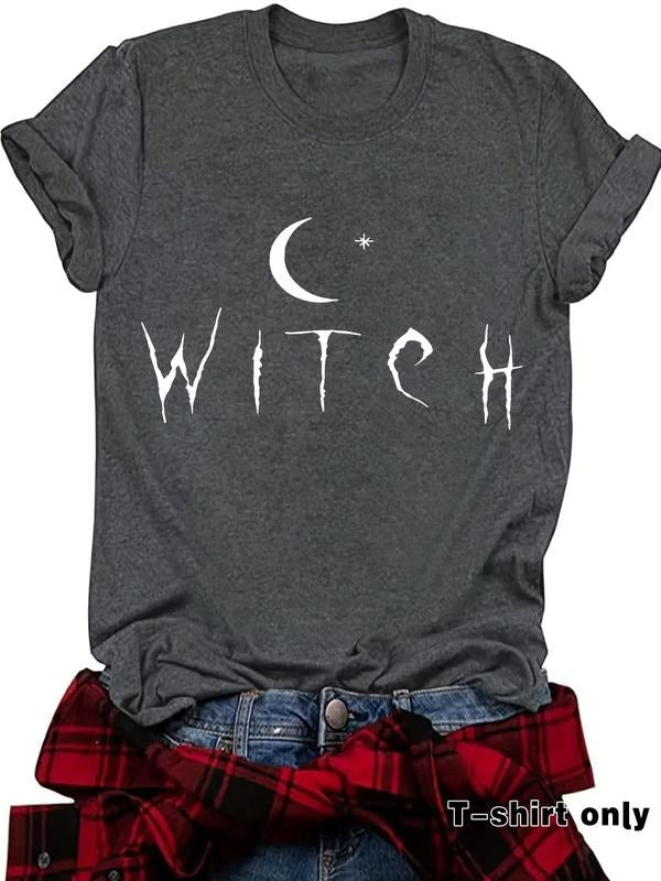 Women'WB shield Moon & Letter Print Round Neck Tee, Casual Fashion Short Sleeve T-shirt for Spring, Ladies TNF for Daily...
