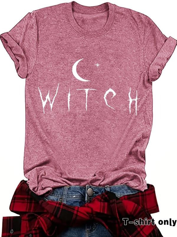 Women'WB shield Moon & Letter Print Round Neck Tee, Casual Fashion Short Sleeve T-shirt for Summer, Ladies TNF for Daily...