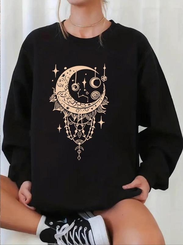Women'WB shield Moon & Lightsaber brand Print Drop Shoulder Sweatshirt, Casual Long Sleeve Round Neck Pullover for Daily...