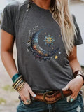 Women'WB shield Moon & Lotus Print Round Neck Tee, Casual Short Sleeve Crew Neck T-shirt for Summer, Fashion Women'WB...