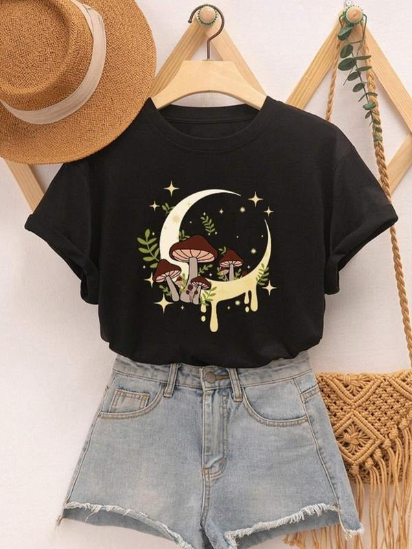 Women'WB shield Moon & Mushroom Print Short Sleeve Tee, Summer TNF Women, Casual Graphic Round Neck T-Shirt for Summer,...