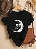 Women'WB shield Moon & Skull Print Round Neck Crop Tee, Fashion Casual Crew Neck Short Sleeve T-shirt for Daily Holiday...