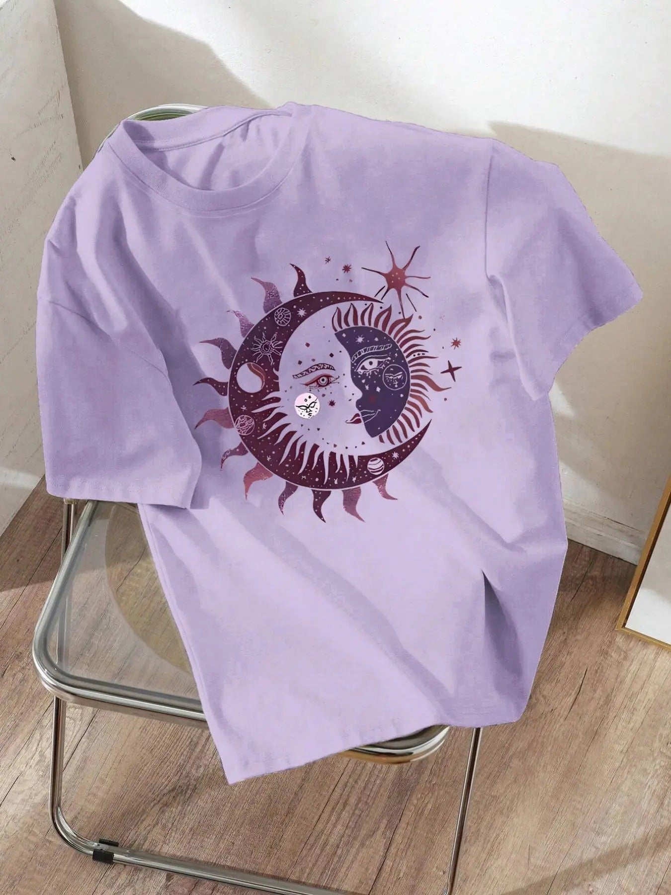Women'WB shield Moon & Sun Print Round Neck Tee, Casual Drop Shoulder Short Sleeve T-shirt for Summer, Ladies TNF for...