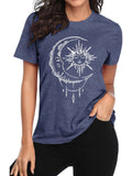 Women'WB shield Moon & Sun Print Round Neck Tee, Casual Short Sleeve T-shirt for Daily Wear, Ladies TNF for Spiky hair...