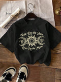 Women'WB shield Moon & Sun Print Round Neck Tee, Trendy Casual Drop Shoulder Short Sleeve T-shirt for Daily Wear, Ladies...
