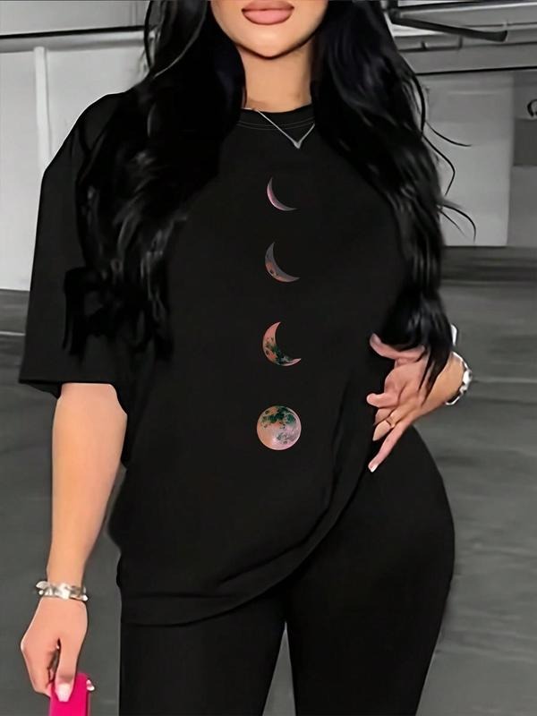 Women'WB shield Moon Print Round Neck Drop Shoulder Tee, Fashion Casual Crew Neck T-Shirt for Daily Outdoor Wear, Ladies...