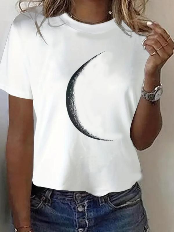 Women'WB shield Moon Print Round Neck Graphic Tee, Vintage Trendy Casual Short Sleeve T-shirt for Daily Wear, Ladies...