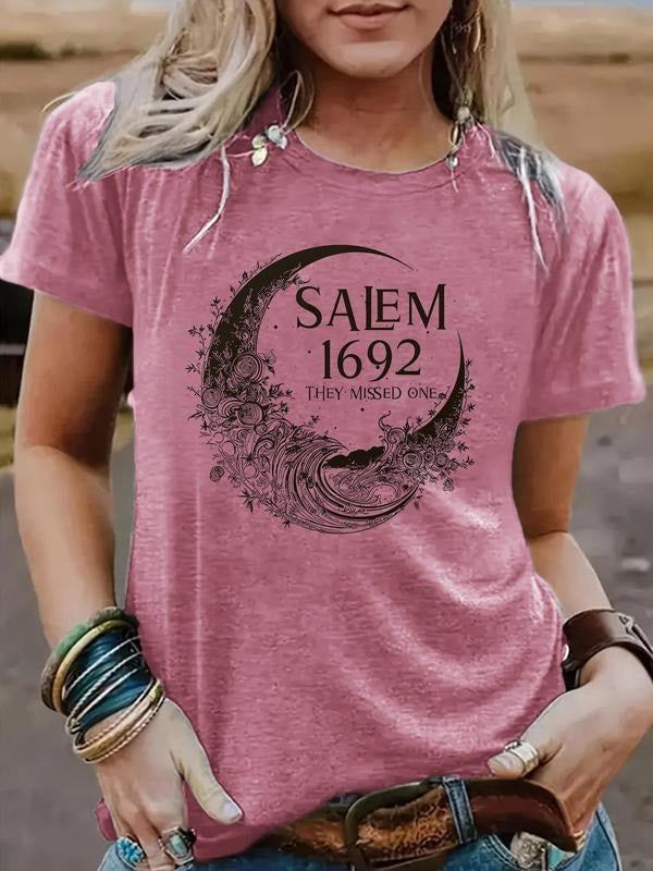 Women'WB shield Moon Print Round Neck Graphic Tee, Vintage Trendy Casual Short Sleeve T-shirt for Daily Wear, Ladies...