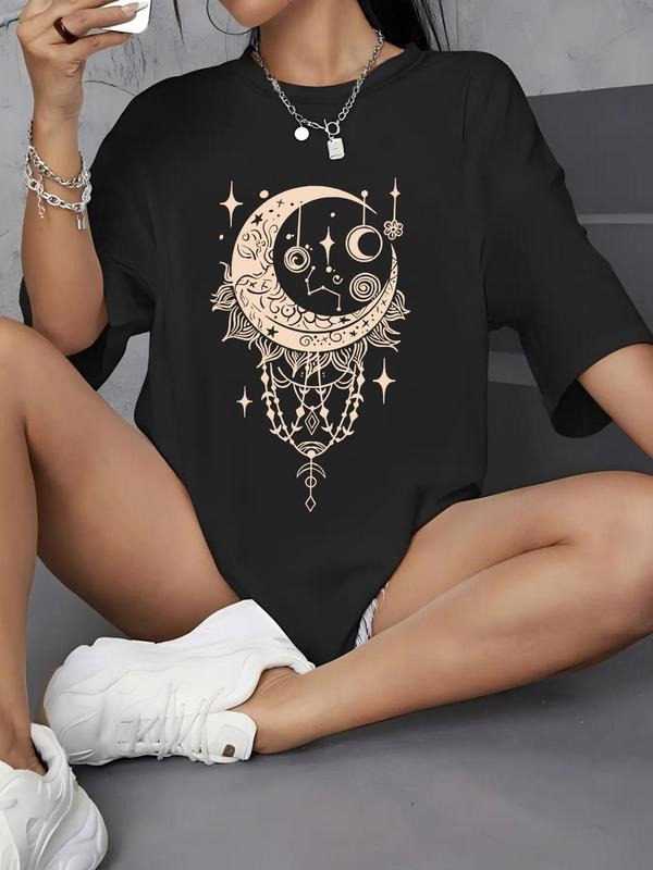Women'WB shield Moon Print Round Neck Tee, Trendy Casual Drop Shoulder Half Sleeve T-shirt for Daily Wear, Ladies Summer...