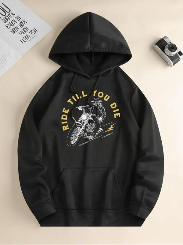 Women'WB shield Motorcycle & Letter Print Hoodie, Casual Long Sleeve Hooded Sweatshirt for Fall & Winter, Women'WB shield...