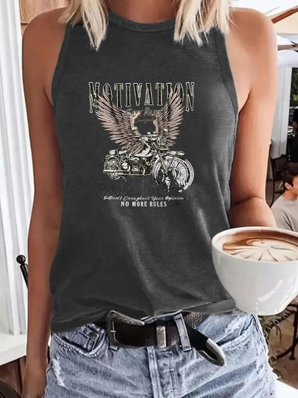 Women'WB shield Motorcycle & Letter Print Round Neck Tank Top, Casual Sleeveless Crew Neck Top for Summer, Ladies TNF for...