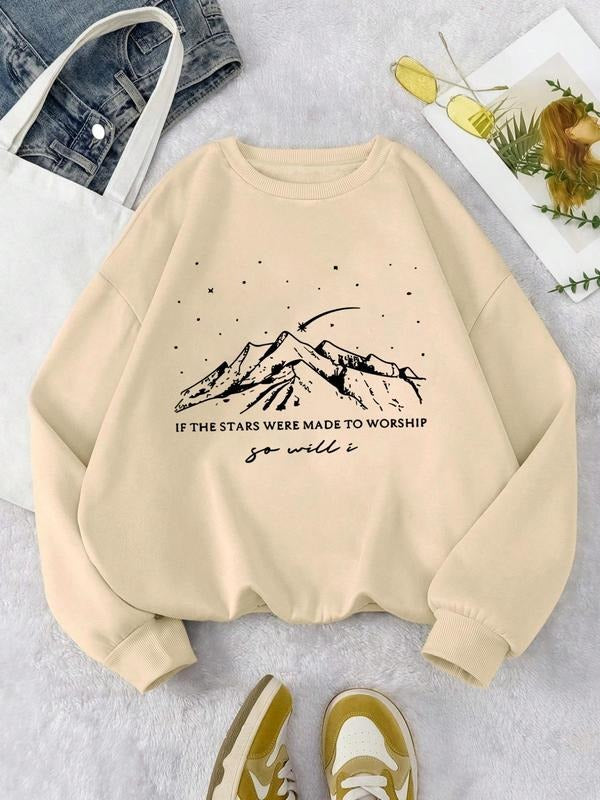 Women'WB shield Mountain & Letter Print Drop Shoulder Sweatshirt, Casual Long Sleeve Round Neck Pullover for Fall &...