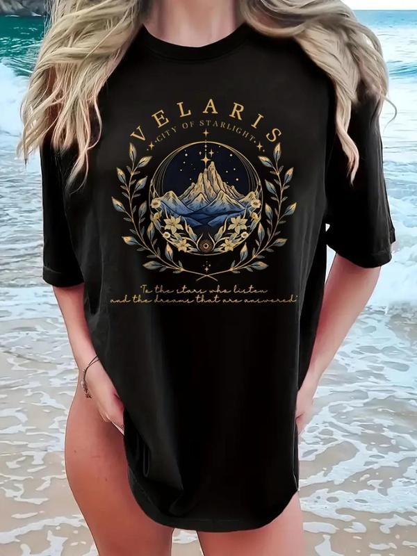 Women'WB shield Mountain & Letter Print Drop Shoulder Tee, Fashion Casual Crew Neck Short Sleeve T-Shirt for Daily...