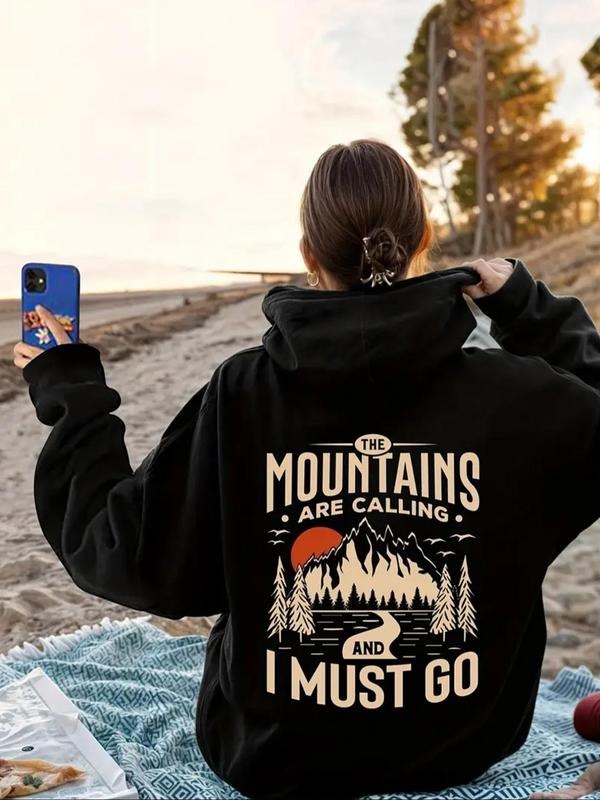 Women'WB shield Mountain & Letter Print Hoodie, Casual Landscape Print Long Sleeve Hooded Sweatshirt for Fall & Winter,...