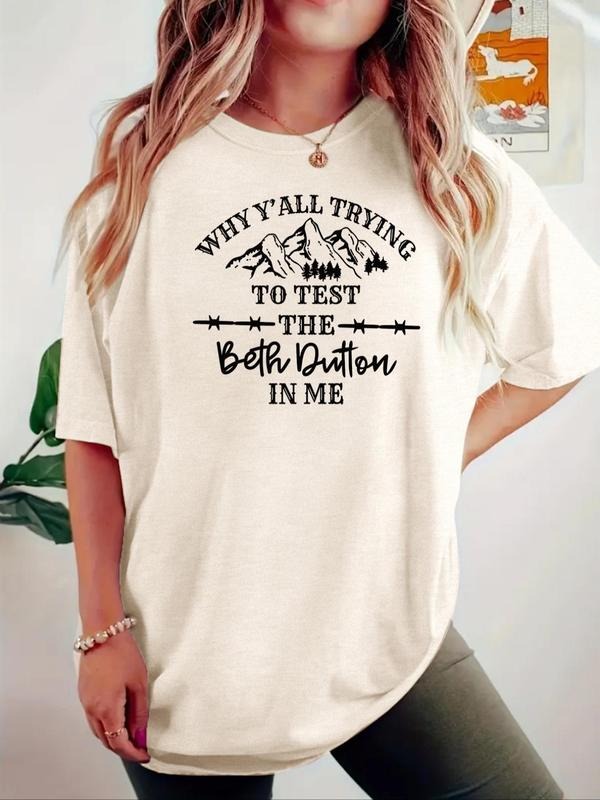 Women'WB shield Mountain & Letter Print Round Neck Tee, Casual Fashion Short Sleeve T-shirt for Summer, Ladies TNF for...