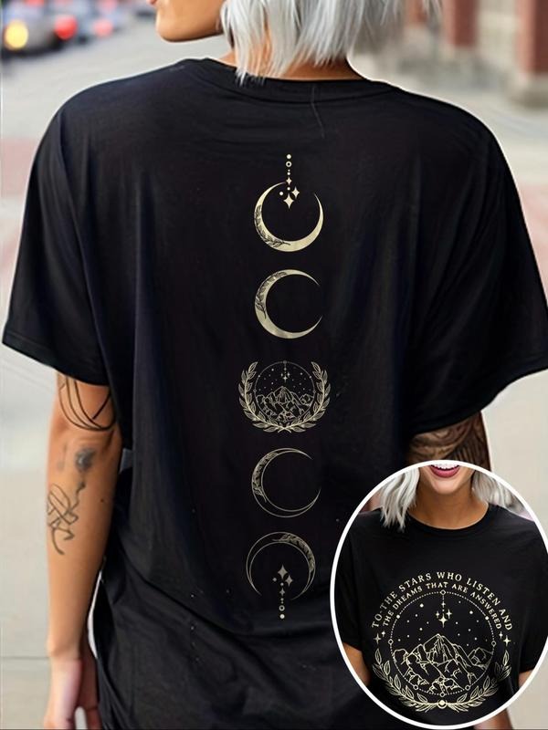 Women'WB shield Mountain & Moon Print Round Neck Tee, Vintage Trendy Casual Short Sleeve T-shirt for Daily Wear, Ladies...