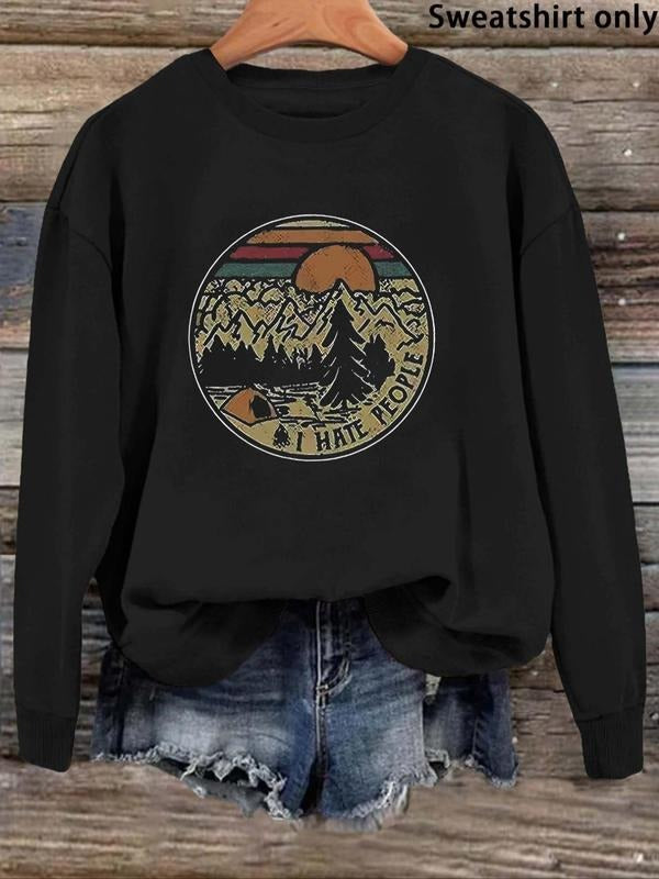 Women'WB shield Mountain & Sun Print Drop Shoulder Sweatshirt, Casual Long Sleeve Round Neck Pullover for Fall & Winter,...