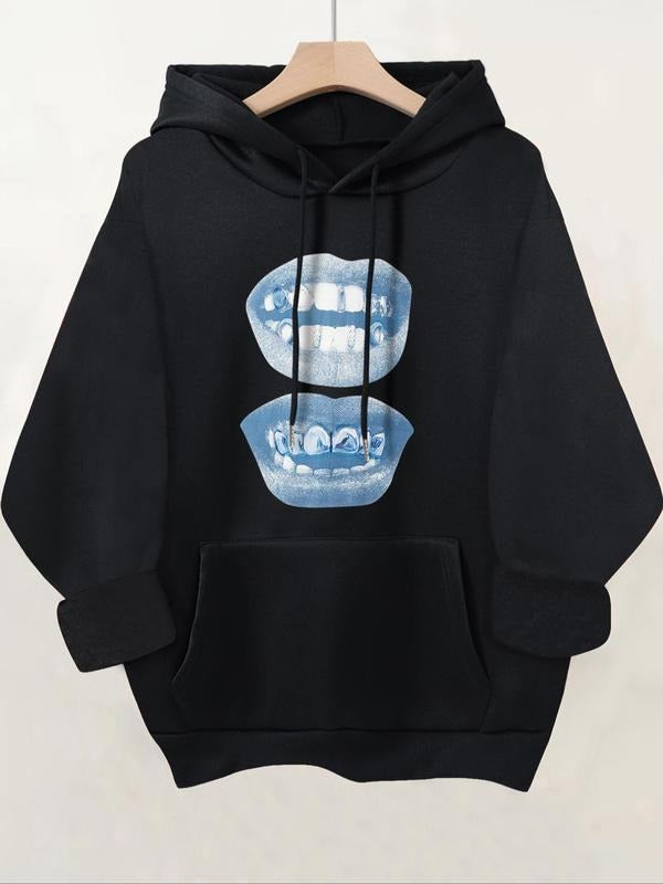 Women'WB shield Mouth Print Drawstring Pocket Hoodie, Casual Drop Shoulder Long Sleeve Hooded Sweatshirt, Ladies Fall &...