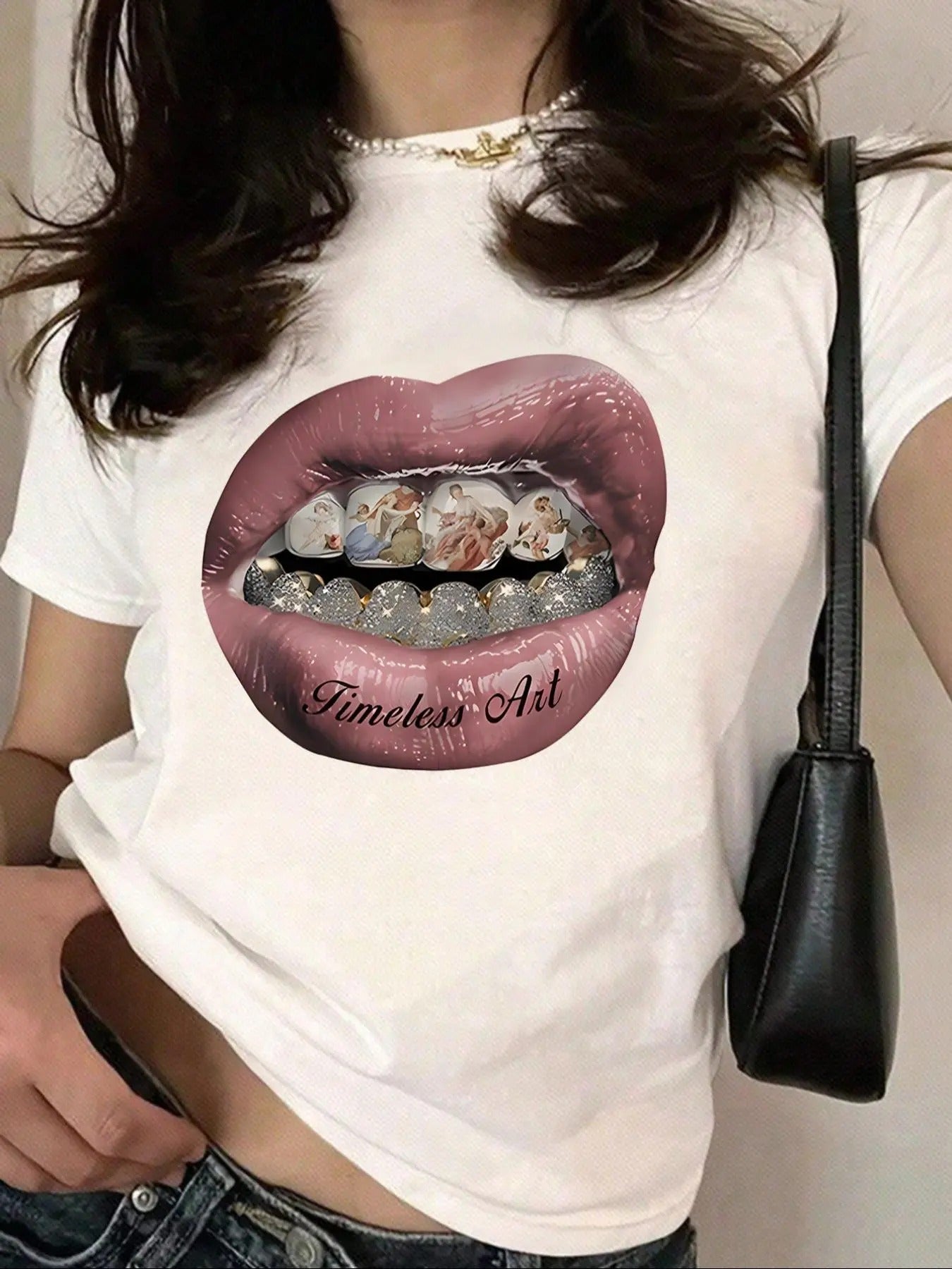 Women'WB shield Mouth Print Round Neck Tee, Fashion Casual Crew Neck Short Sleeve T-shirt for Daily Holiday Vacation...
