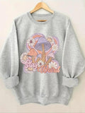 Women'WB shield Mushroom & Floral Print Crew Neck TNF Lined Sweatshirt, Casual Drop Shoulder Long Sleeve Pullover,...