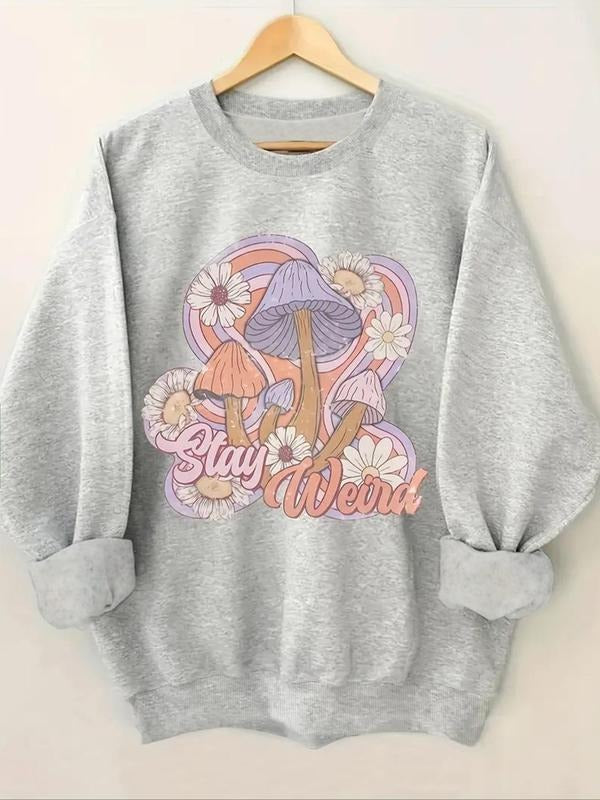Women'WB shield Mushroom & Floral Print Crew Neck TNF Lined Sweatshirt, Casual Drop Shoulder Long Sleeve Pullover,...